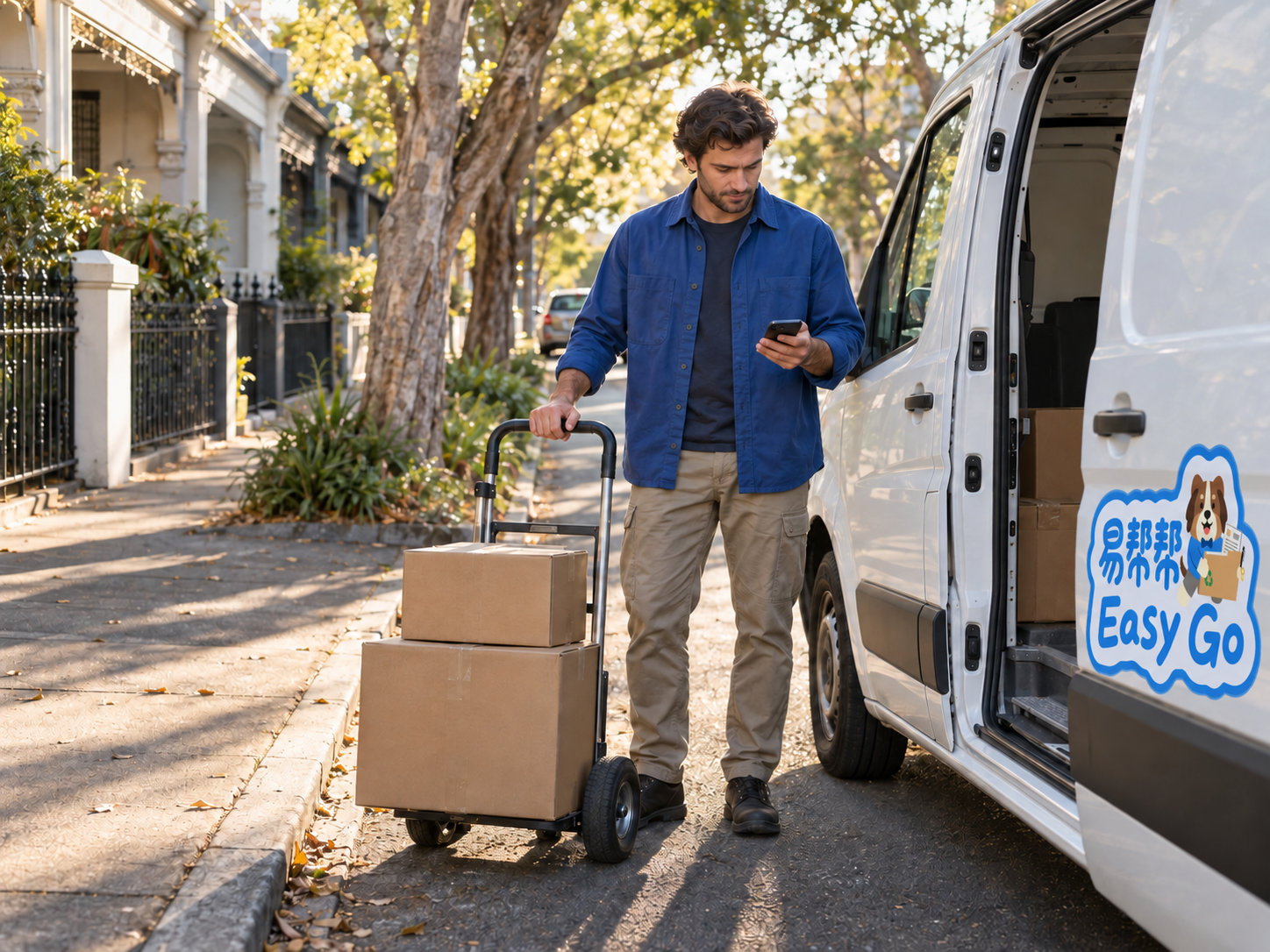 EasyGo brand illustration: a driver checking a phone beside a delivery van