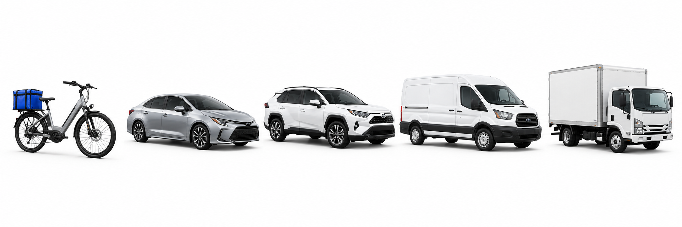 Vehicle category illustrations: e-bike, car, SUV, van and box truck